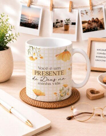 Caneca Personalizada "Presente de Deus" — Floral Amarelo